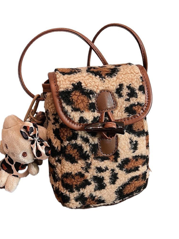 Moderna ženska torbica za telefon u korejskom stilu s leopard printom, pliš materijal, crossbody s blok boja za svakodnevno nošenje.