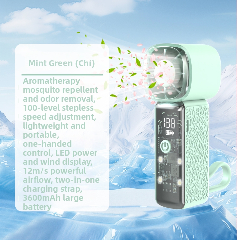 Ručni ventilator s USB punjenjem, motor bez četkica, 6 brzina, ugrađena baterija 2000–4000 mAh, ABS kućište, 140 g