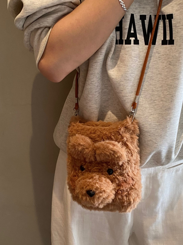 Pliš torbica s medvjedom, korejskog stila, preko ramena, džep za telefon, pamuk podstava