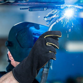 Bőrből készült hőálló kesztyű izolációra, égési védelemre, kézvédelemre és vágás elleni védelemre (Anyag: Bőr; Alkalmazás: Izoláció, égési védelem, kézvédelem, vágás elleni védelem; Funkció: Magas hőmérséklet-állóság)