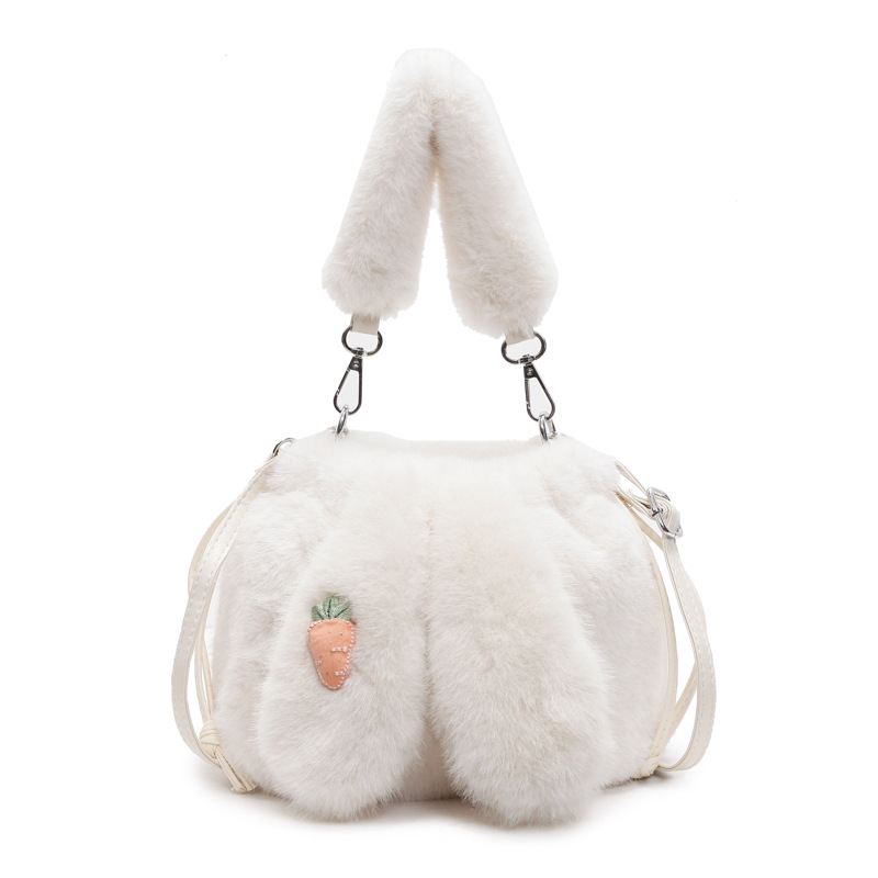 Plüss anyagú bucket táska nyuszifül dizájnnal, húzózáras zárás, belső cipzáras zseb és telefon zseb