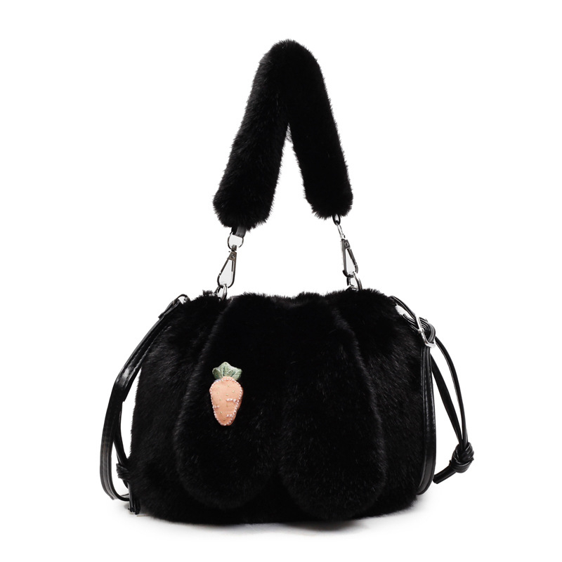 Plüss anyagú bucket táska nyuszifül dizájnnal, húzózáras zárás, belső cipzáras zseb és telefon zseb