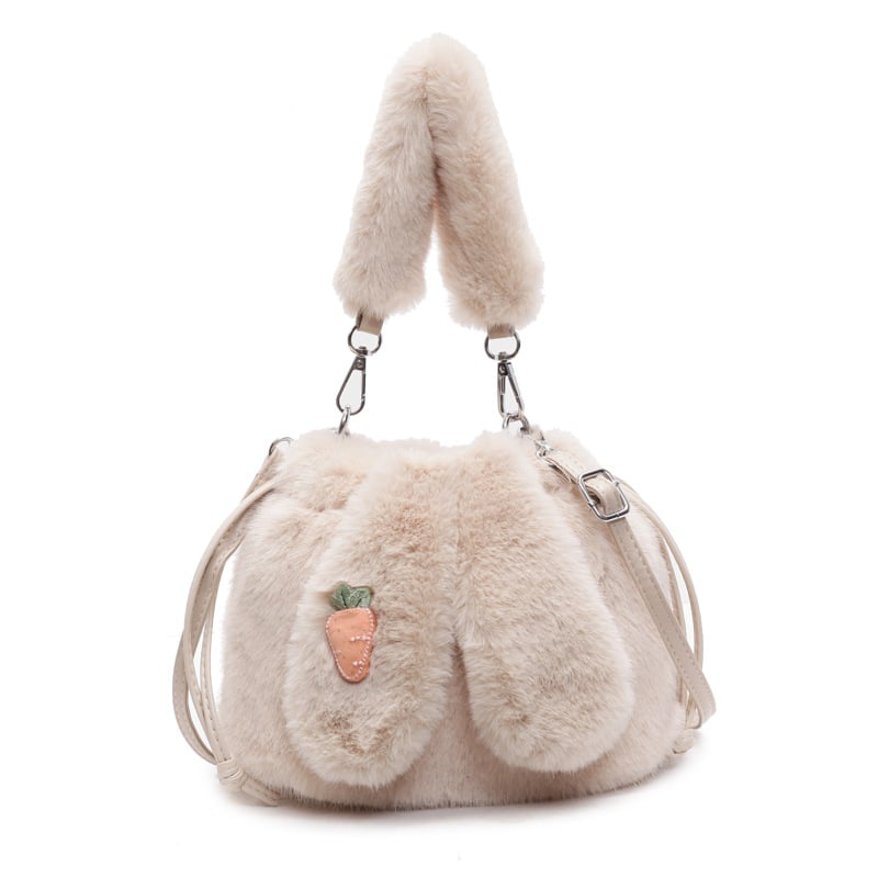 Plüss anyagú bucket táska nyuszifül dizájnnal, húzózáras zárás, belső cipzáras zseb és telefon zseb