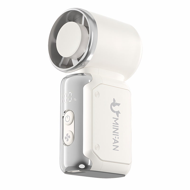 Kézben tartható USB-töltéses ventillátor, brushless motor, beépített 4000–6000 mAh akkumulátor, 6 penge, lépés nélküli sebességszabályozás