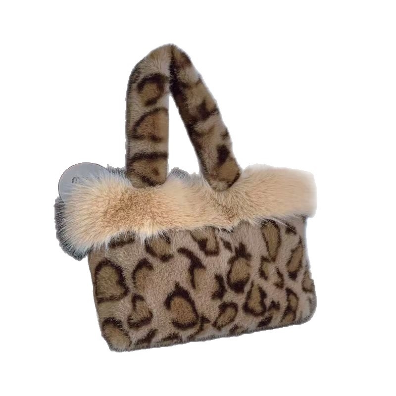 Ženska torba za jesen-zimu, pliš leopard uzorak bucket bag, vertikalni kvadratnog oblika, gradski jednostavan stil, jesen 2025