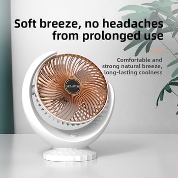 Ventilator de birou cu clemă, alimentare USB, baterie încorporată 1000–1200 mAh, motor brushless, 5 palete, 3 viteze
