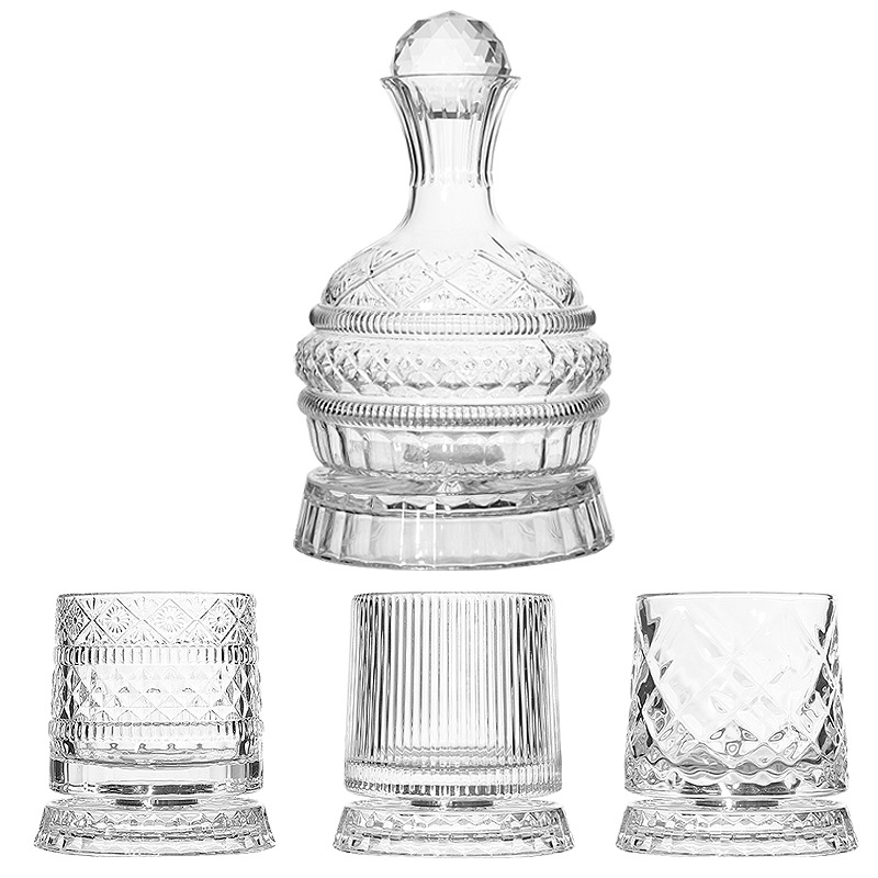Kristalni vinski dekanter s rotirajućim dizajnom, skandinavski stil, uključuje dekanter, čep, bazu i čaše