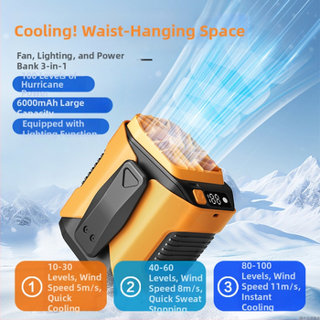 Ventilator na pojasu za vanjsku upotrebu s dugim vijekom trajanja baterije, prijenosni klips-ventilator, USB punjiva baterija, šest lopatica, dimenzije 100×90×80 mm, masa 315 g