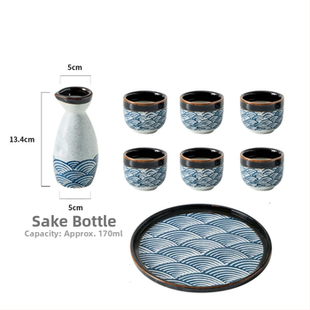Porcelanski set za sake s valovitim uzorkom — ručno oslikan pod glazurom i kristalna glazura — retro stil, lagani luksuz; pogodno za sake, soju i rižino vino