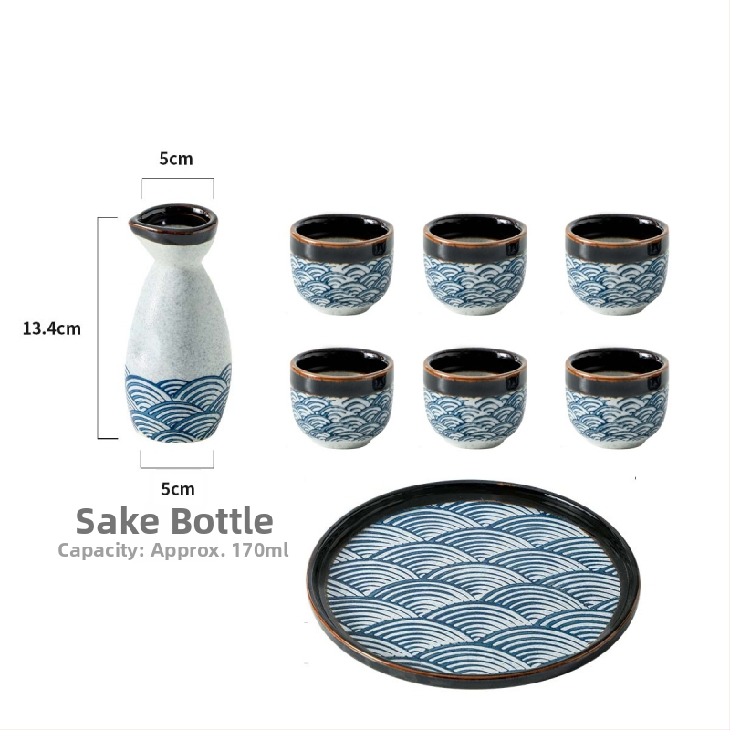 Porcelanski set za sake s valovitim uzorkom — ručno oslikan pod glazurom i kristalna glazura — retro stil, lagani luksuz; pogodno za sake, soju i rižino vino
