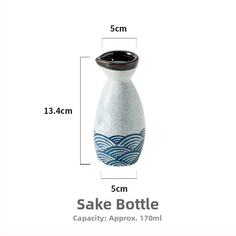Porcelanski set za sake s valovitim uzorkom — ručno oslikan pod glazurom i kristalna glazura — retro stil, lagani luksuz; pogodno za sake, soju i rižino vino