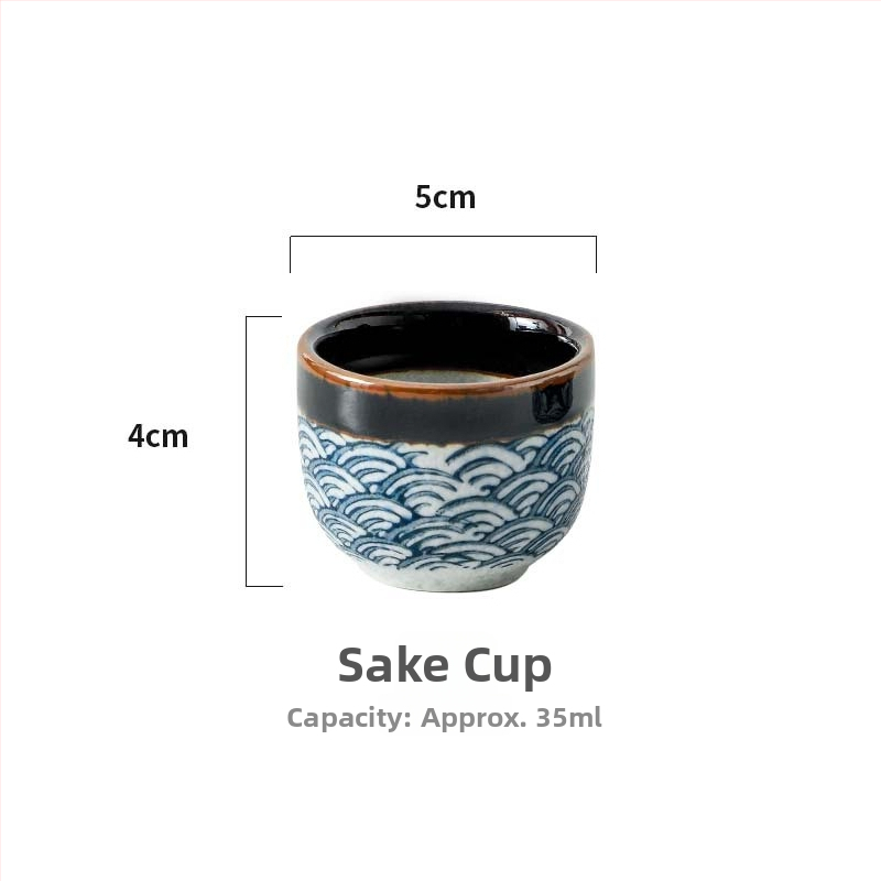 Porcelanski set za sake s valovitim uzorkom — ručno oslikan pod glazurom i kristalna glazura — retro stil, lagani luksuz; pogodno za sake, soju i rižino vino