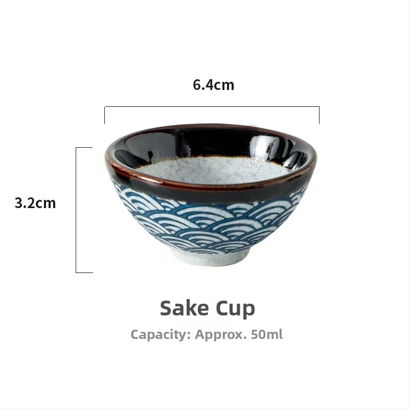 Porcelanski set za sake s valovitim uzorkom — ručno oslikan pod glazurom i kristalna glazura — retro stil, lagani luksuz; pogodno za sake, soju i rižino vino