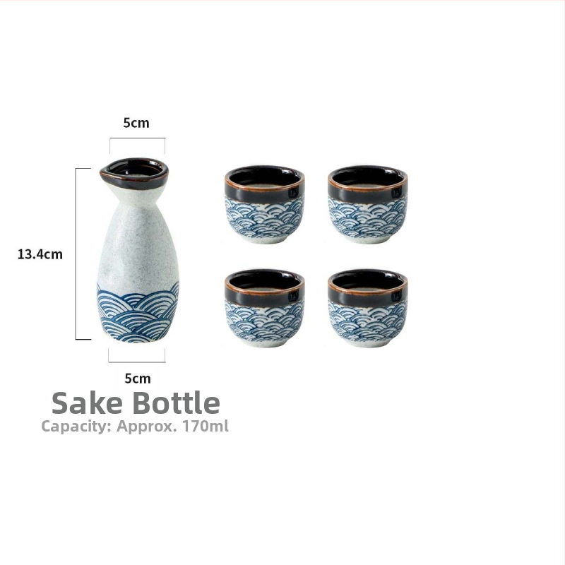 Porcelanski set za sake s valovitim uzorkom — ručno oslikan pod glazurom i kristalna glazura — retro stil, lagani luksuz; pogodno za sake, soju i rižino vino
