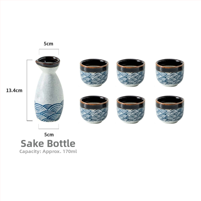 Porcelanski set za sake s valovitim uzorkom — ručno oslikan pod glazurom i kristalna glazura — retro stil, lagani luksuz; pogodno za sake, soju i rižino vino