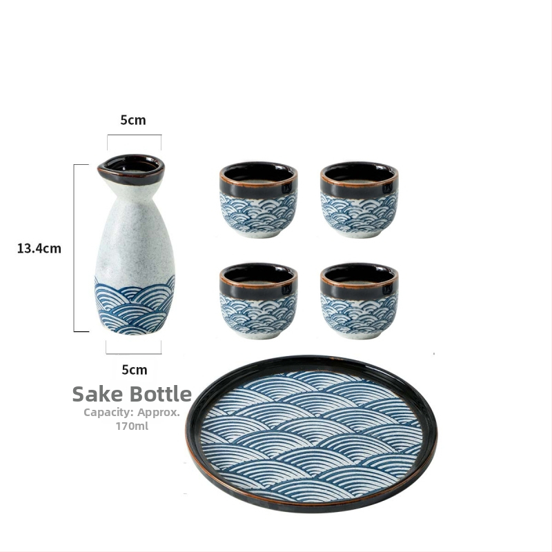 Porcelanski set za sake s valovitim uzorkom — ručno oslikan pod glazurom i kristalna glazura — retro stil, lagani luksuz; pogodno za sake, soju i rižino vino