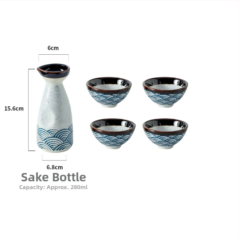 Porcelanski set za sake s valovitim uzorkom — ručno oslikan pod glazurom i kristalna glazura — retro stil, lagani luksuz; pogodno za sake, soju i rižino vino