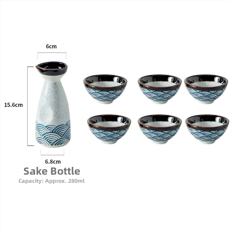 Porcelanski set za sake s valovitim uzorkom — ručno oslikan pod glazurom i kristalna glazura — retro stil, lagani luksuz; pogodno za sake, soju i rižino vino