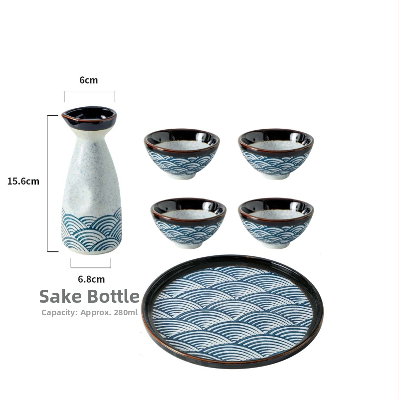 Porcelanski set za sake s valovitim uzorkom — ručno oslikan pod glazurom i kristalna glazura — retro stil, lagani luksuz; pogodno za sake, soju i rižino vino