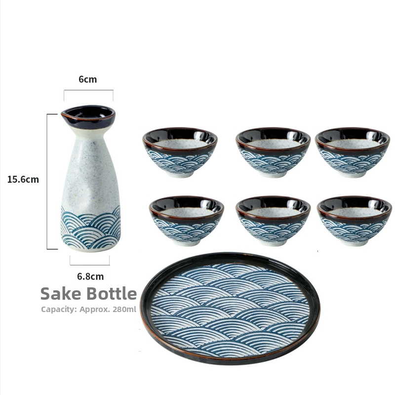 Porcelanski set za sake s valovitim uzorkom — ručno oslikan pod glazurom i kristalna glazura — retro stil, lagani luksuz; pogodno za sake, soju i rižino vino