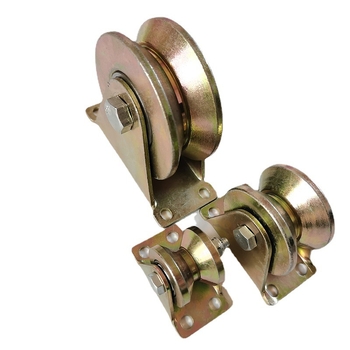 Roată de șină pentru porți glisante și șine: tipuri V/U/H/T, material oțel color, ghidaj șină, raze multiple ale canelurii pentru frânghie, sarcină maximă 30, personalizare disponibilă