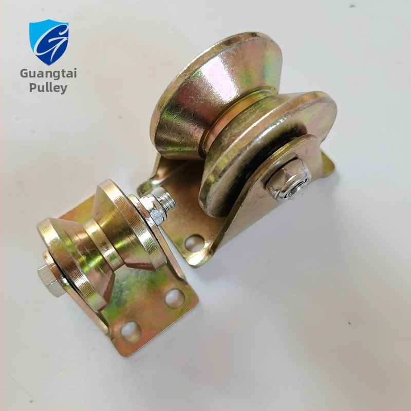 Roată de șină pentru porți glisante și șine: tipuri V/U/H/T, material oțel color, ghidaj șină, raze multiple ale canelurii pentru frânghie, sarcină maximă 30, personalizare disponibilă