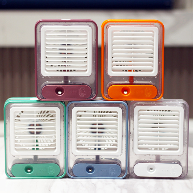 Mini ventilator za hlađenje sa sprejem, USB punjenje — prenosni ventilator s 3 lopaticama, bezčetkasti motor, 3 brzine, izmjenjiva baterija 800–1000 mAh, buka ispod 36 dB