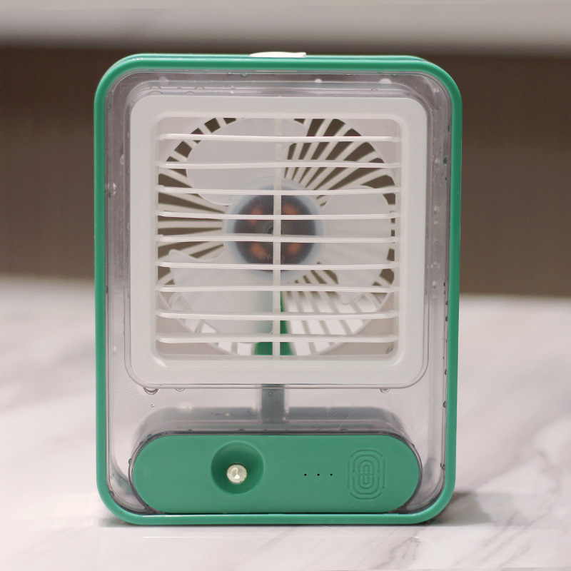Mini ventilator za hlađenje sa sprejem, USB punjenje — prenosni ventilator s 3 lopaticama, bezčetkasti motor, 3 brzine, izmjenjiva baterija 800–1000 mAh, buka ispod 36 dB