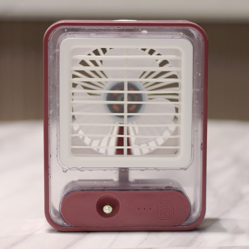 Mini ventilator za hlađenje sa sprejem, USB punjenje — prenosni ventilator s 3 lopaticama, bezčetkasti motor, 3 brzine, izmjenjiva baterija 800–1000 mAh, buka ispod 36 dB