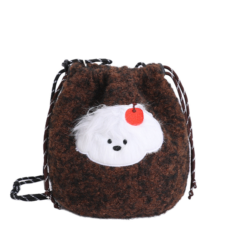 Torba preko ramena crossbody, vunena materija, vedro oblik, zatvaranje vezicom, unutarnja džep za telefon, trodimenzionalna konstrukcija, japansko-korejski stil, zimsko izdanje 2025