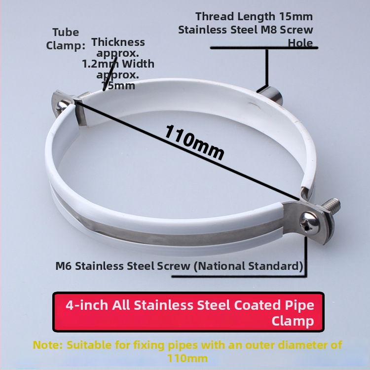 Nerezová oceľová spona na vodovodnú rúru s PVC drenážnym klipom, pevný držiak; nominálny priemer 75 mm, upevňovací priemer 75 mm