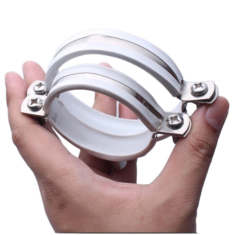 Nerezová oceľová spona na vodovodnú rúru s PVC drenážnym klipom, pevný držiak; nominálny priemer 75 mm, upevňovací priemer 75 mm