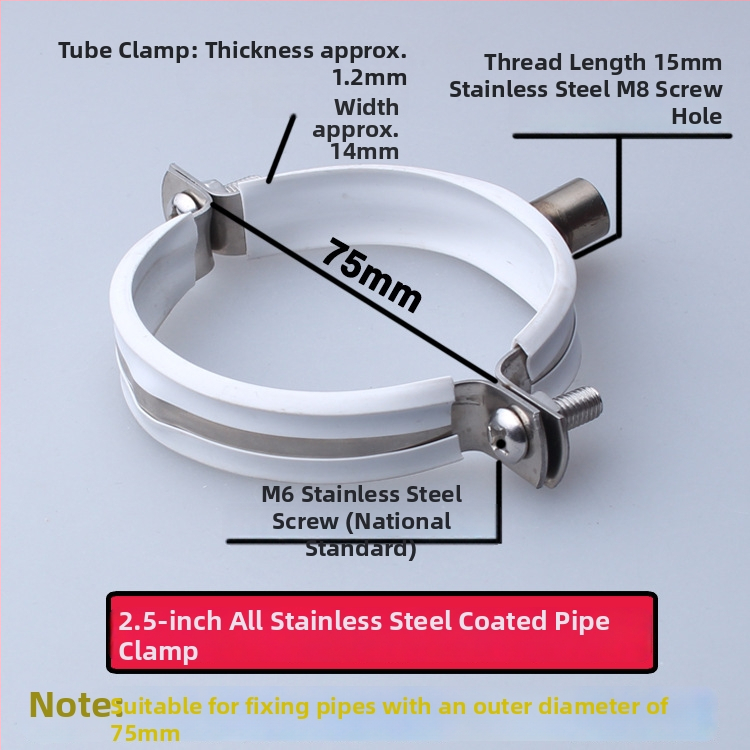 Nerezová oceľová spona na vodovodnú rúru s PVC drenážnym klipom, pevný držiak; nominálny priemer 75 mm, upevňovací priemer 75 mm