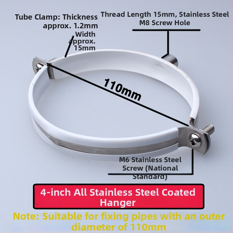 Nerezová oceľová spona na vodovodnú rúru s PVC drenážnym klipom, pevný držiak; nominálny priemer 75 mm, upevňovací priemer 75 mm