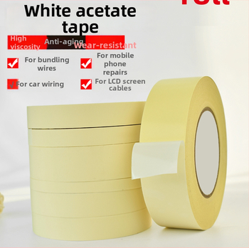 Biela páska z octovej kyseliny z textílie pre vysokotepelnú izoláciu na opravu LCD, s uvoľňovacím papierom; hrúbka 0.2 mm; teplotná odolnosť: dlhodobá 100°C, krátkodobá 180°C; substrát: tkanina acetát; jadro: papierová trubica; pôvod Dongguan