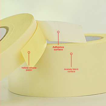 Biela páska z octovej kyseliny z textílie pre vysokotepelnú izoláciu na opravu LCD, s uvoľňovacím papierom; hrúbka 0.2 mm; teplotná odolnosť: dlhodobá 100°C, krátkodobá 180°C; substrát: tkanina acetát; jadro: papierová trubica; pôvod Dongguan