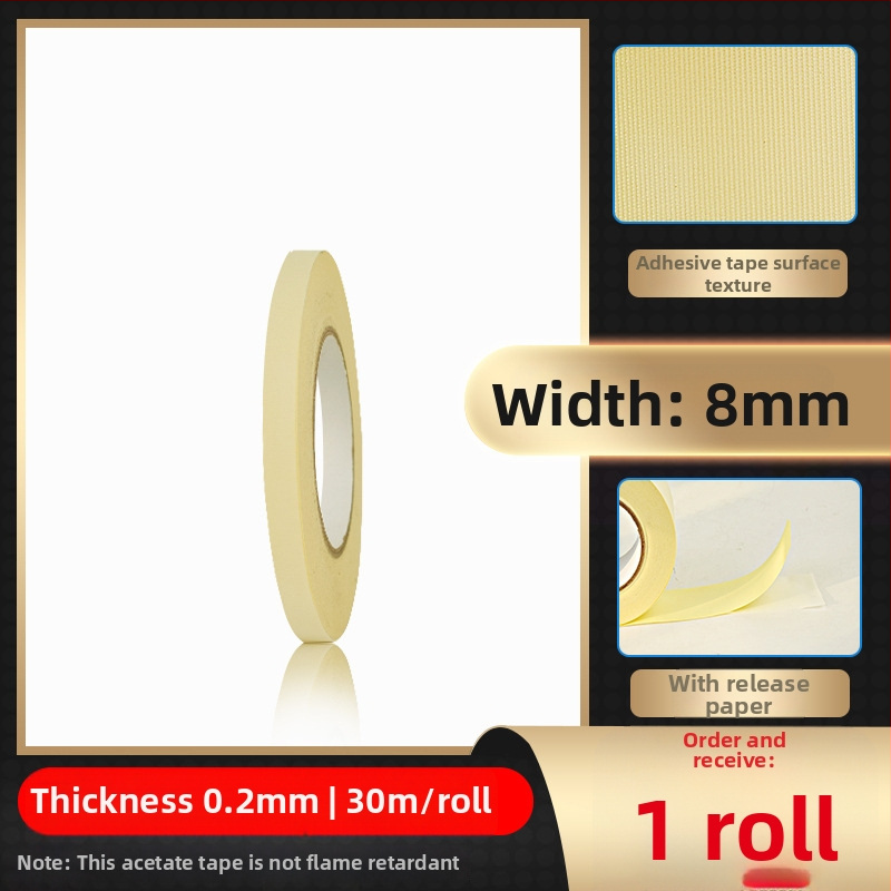 Biela páska z octovej kyseliny z textílie pre vysokotepelnú izoláciu na opravu LCD, s uvoľňovacím papierom; hrúbka 0.2 mm; teplotná odolnosť: dlhodobá 100°C, krátkodobá 180°C; substrát: tkanina acetát; jadro: papierová trubica; pôvod Dongguan