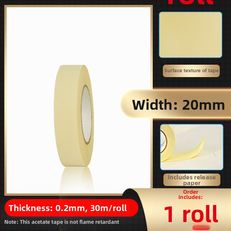 Biela páska z octovej kyseliny z textílie pre vysokotepelnú izoláciu na opravu LCD, s uvoľňovacím papierom; hrúbka 0.2 mm; teplotná odolnosť: dlhodobá 100°C, krátkodobá 180°C; substrát: tkanina acetát; jadro: papierová trubica; pôvod Dongguan