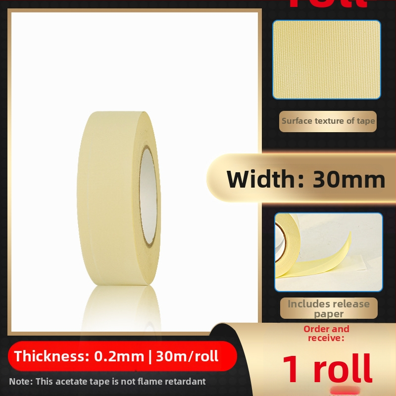 Biela páska z octovej kyseliny z textílie pre vysokotepelnú izoláciu na opravu LCD, s uvoľňovacím papierom; hrúbka 0.2 mm; teplotná odolnosť: dlhodobá 100°C, krátkodobá 180°C; substrát: tkanina acetát; jadro: papierová trubica; pôvod Dongguan