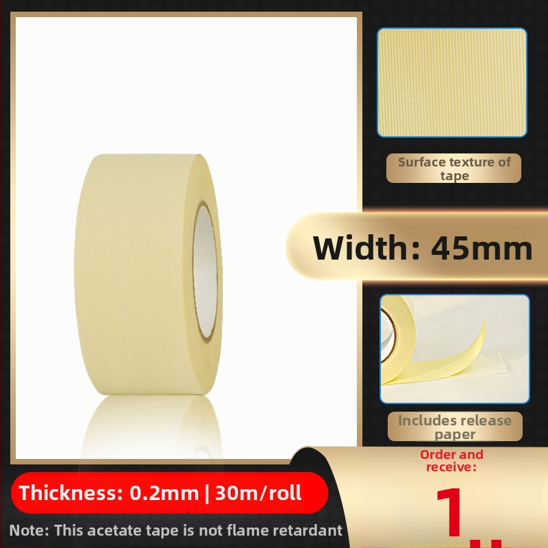 Biela páska z octovej kyseliny z textílie pre vysokotepelnú izoláciu na opravu LCD, s uvoľňovacím papierom; hrúbka 0.2 mm; teplotná odolnosť: dlhodobá 100°C, krátkodobá 180°C; substrát: tkanina acetát; jadro: papierová trubica; pôvod Dongguan