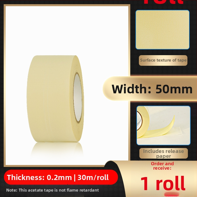 Biela páska z octovej kyseliny z textílie pre vysokotepelnú izoláciu na opravu LCD, s uvoľňovacím papierom; hrúbka 0.2 mm; teplotná odolnosť: dlhodobá 100°C, krátkodobá 180°C; substrát: tkanina acetát; jadro: papierová trubica; pôvod Dongguan