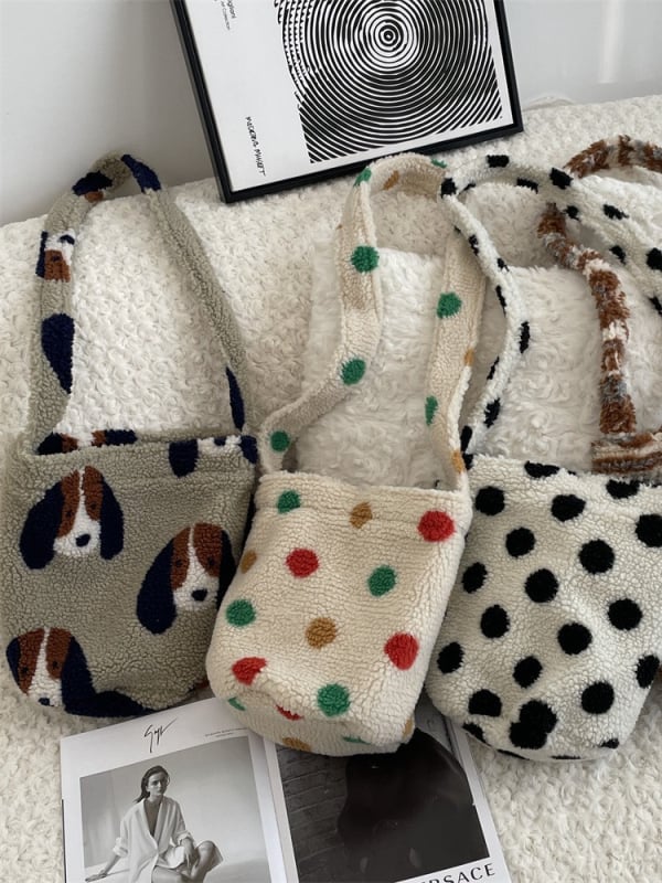 Geantă bucket din lână de miel pluș, căptușeală din pânză, închidere magnetică