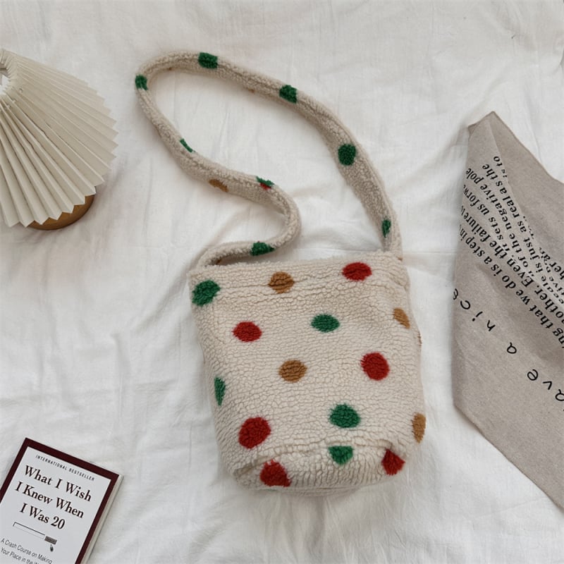 Geantă bucket din lână de miel pluș, căptușeală din pânză, închidere magnetică