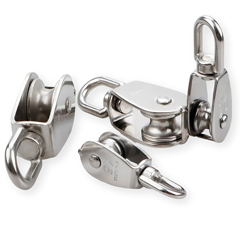 Roată din oțel inoxidabil 304 pentru ridicare, cu inel de suspensie, disponibilă în variante simple și duble, model M100.