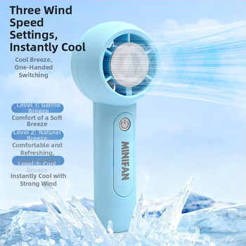 Prenosný ručný ventilátor s USB nabíjaním, 5V 2.5W, 3 rýchlosti, vstavaná batéria 300–500 mAh