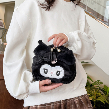 Plišana crossbody torba s izvezenim čudovištem, japanski stil, unutarnji džep za telefon
