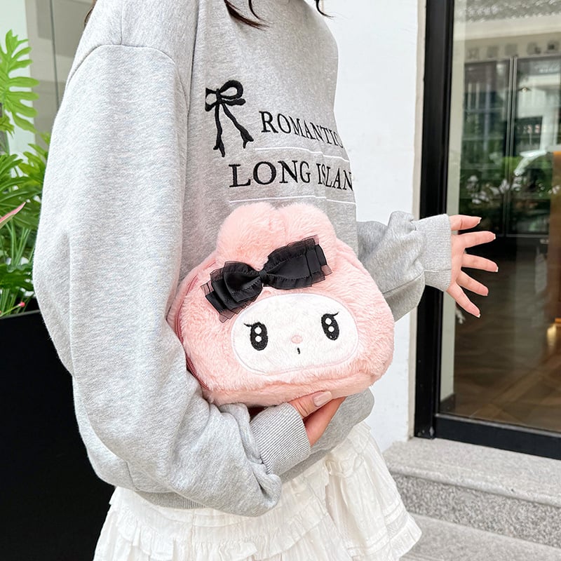 Plišana crossbody torba s izvezenim čudovištem, japanski stil, unutarnji džep za telefon