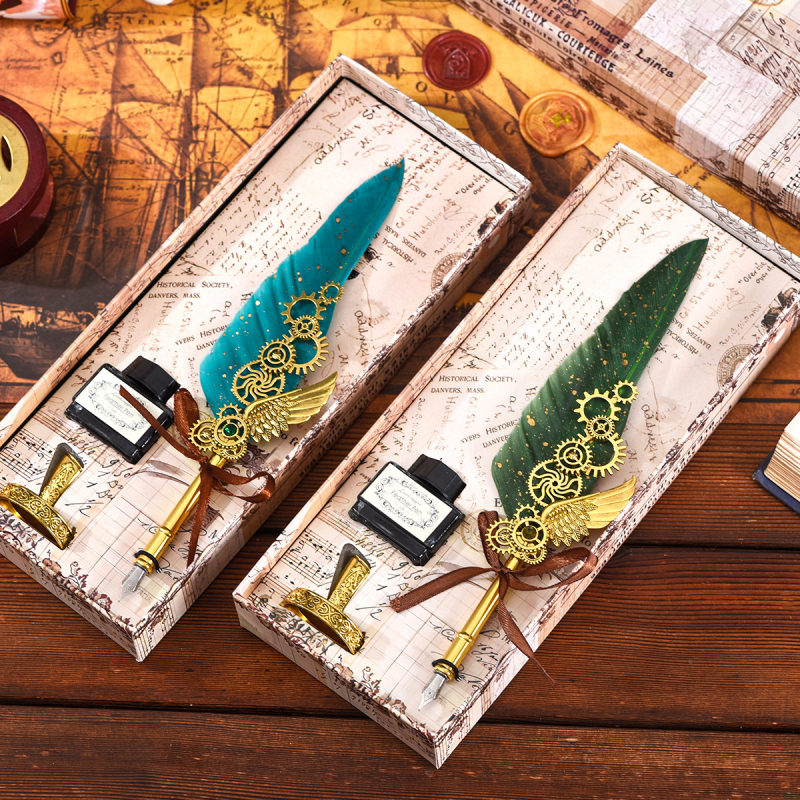 Set pero Blue Peacock, 3 komada, nehrđajući čelični vrh, crna tinta, gravirana baza