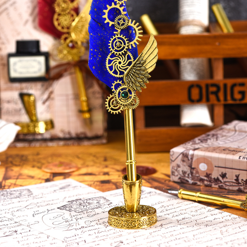 Set pero Blue Peacock, 3 komada, nehrđajući čelični vrh, crna tinta, gravirana baza