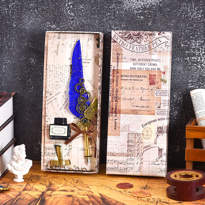 Set pero Blue Peacock, 3 komada, nehrđajući čelični vrh, crna tinta, gravirana baza